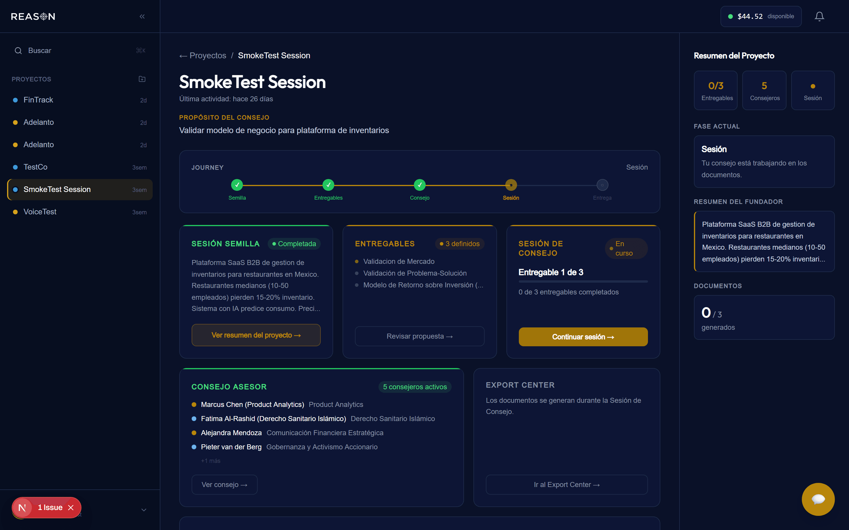 Reason — vista del proyecto con journey completo, consejo asesor y entregables